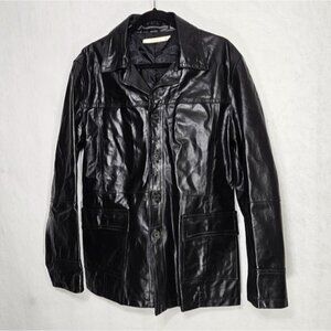 Imperial Solid Black Italian Leather Button Front Collared Jacket Extra Large
